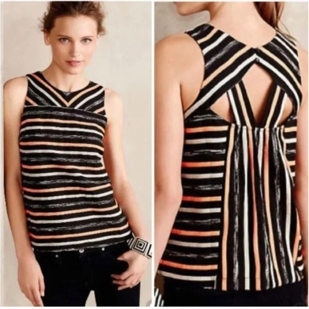 ANTHROPOLOGIE HD in Paris Neon Striped Cut Out Back Sleeveless Top